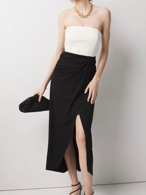 White House Black Market Strapless Colorblock Midi Dress Black White Slit WHBM 0